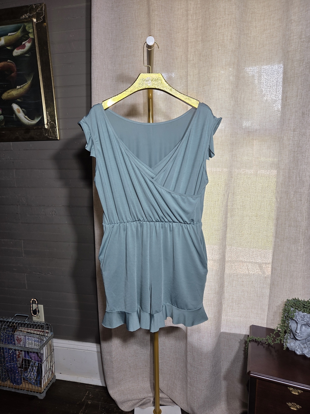 Women’s Sage Green Ruffle-Hem Wrap Romper
